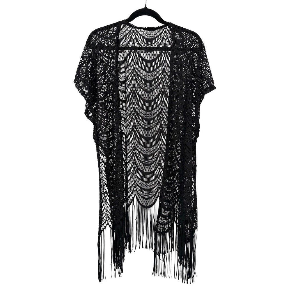 Womens OS Kimono Wrap Coverup Black Sheer Crochet Fringe Open Front‎ Shawl Boho